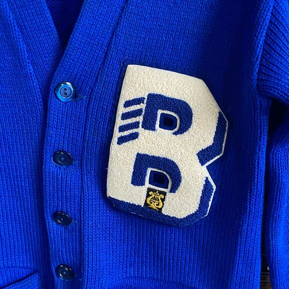 Vintage 60s 70s Varsity Letterman Cardigan Sweater Blue Wool B Patch Band Jacket - Picture 2 of 6